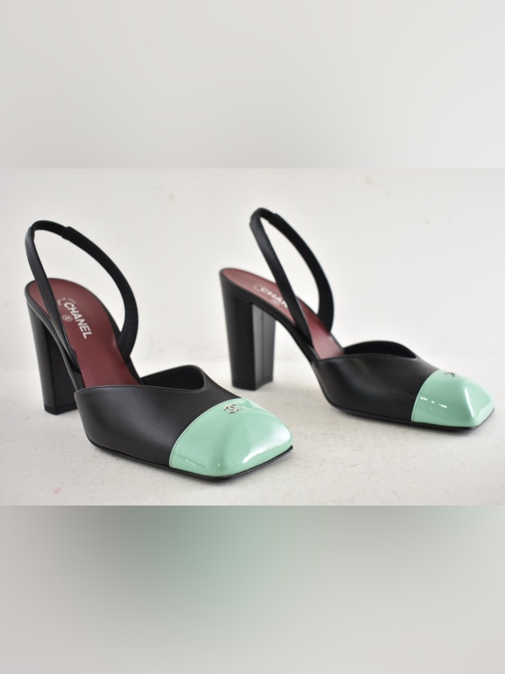 Chanel 26S Blazy Black Mint Green Square CC Sling Slingback Block Heel Pump 37.5 - Picture 3 of 16